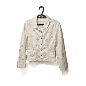Y2K White Beaded & Sequin Denim Jacket Floral McBling Size S Festive Girly Glam